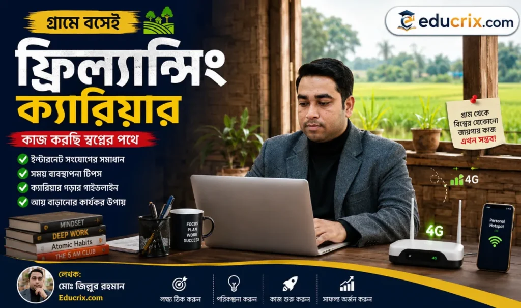 গ্রাম থেকে ব্রডব্যান্ড ছাড়া শুধু মোবাইল ডাটা দিয়ে ফ্রিল্যান্সিং করার দৃশ্য